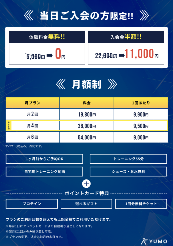 パーソナルジムYUMO料金表